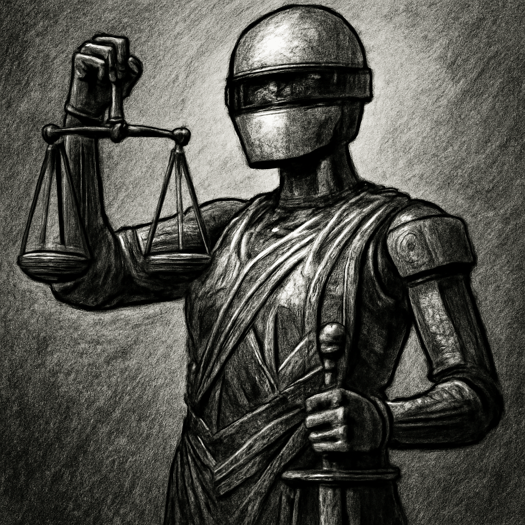 robot Lady Justice, blindfolded, holding a two-pan balance scale and a sword, rendered as a courtroom sketch